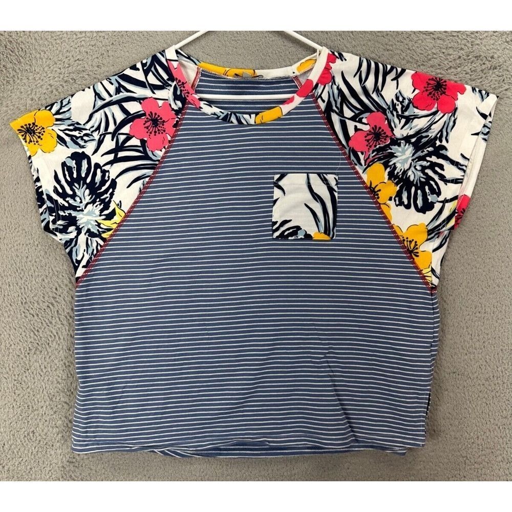 Luukse Shirt Womens 1X Plus Blue Striped Floral Cap Sleeve Top Blouse Ladies
